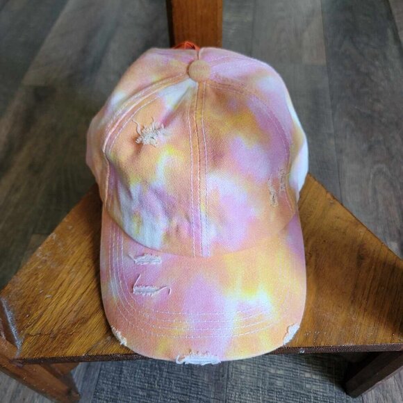 Distressed pink, white and orange tie dyed baseball hat with ponytail hole - Picture 4 of 8